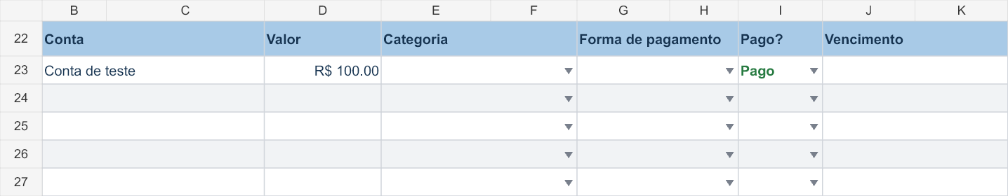 Tabela de contas da Quanto Sobra